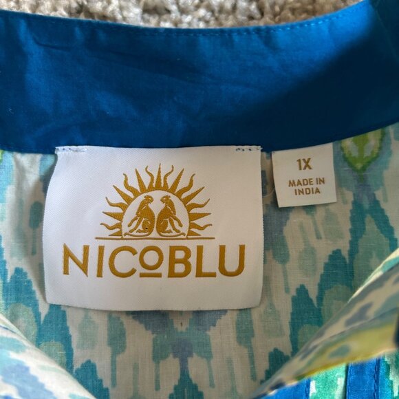 NicoBlu Womens 1X Tunic Top Green & Blue Ikat Print Long Sleeve - Picture 7 of 14